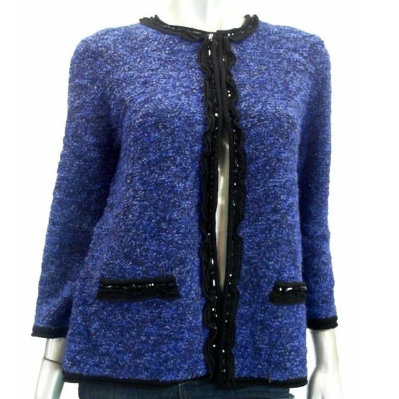 JM Collection Cardigan Sweater Blue Black Trim Crew Wool Blend Petite L NWT $79 - Picture 1 of 11